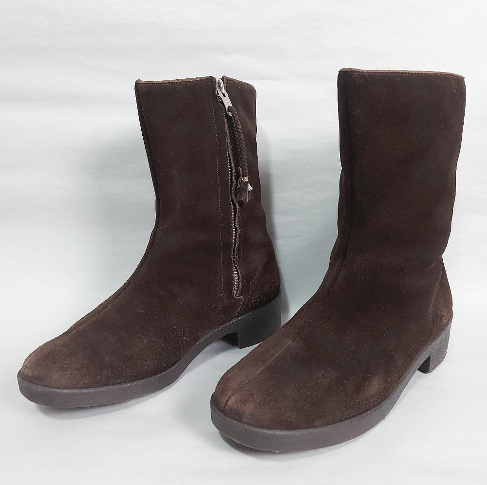 Morlands Women Sheepskin Brown Suede Shearling Mid-Calf Boots Size 6.5 Block Zip